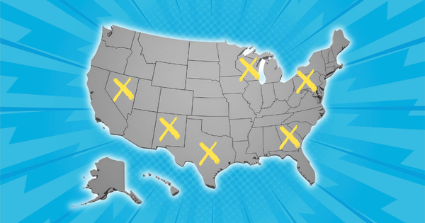 US map with yellow X markers showing key battleground states in the 2024 presidential election