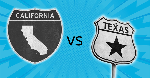 California state highway sign versus Texas state road sign representing the 2026 redistricting battle between the two states