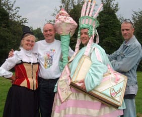 Council of Management Chair Polly Dixon in costume for Doomsday with Mysteries 2009 professional directors John Brooking, Music Director Anthony Evans in John's creation for Greed and Artistic Director Dominic Shaw