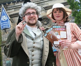 Stuart Harrison dressed as Samuel Johnson and with Jo Wilson