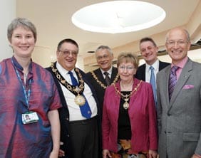 picture-1-special-guests-attend-the-new-in-patient-unit-ipu Dr Lisa Boulstridge (St Giles Hospice Consultant), Councillor Gerald Pinner (Mayor of Tamworth), Councillor Geoff Morrison (Mayor East Staffordshire), Pamela Morrison (Mayoress of East Staffordshire), Tony Shaw (Director SpellarMetcalfe, constructors of the new IPU) and Peter Holliday (Group Chief Executive of St Giles Hospice)