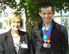 karate Chasetown Specialist Sports College head teacher Bernice Astling with Matthew Broadhead