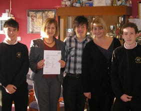 chasetown-ofsted Bernice Astling with deputy head boy Jack Pollard, deputy head girl Alex Phillips and Year 11 students Sam Pheasant and Ricky Meadows