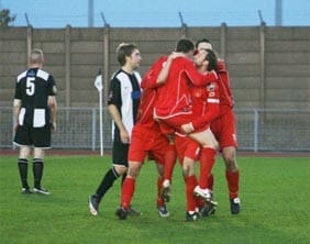 chasetowngranthamcelebration Chasetown's players celebrate Craig Milligan's goal