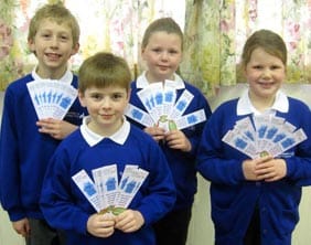James Armstrong, Nicholas Docherty, Lucy Tonks and Emma Hughes with their bookmarks