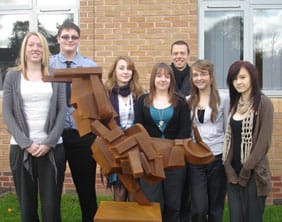 Peter Walker with his sculpture and students Chelsee Vickers, David Roden, Amy Vickers, Amanda Warrington, Katie Thorpe and Laura Roberts