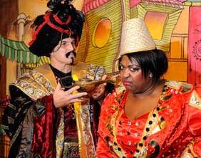Tom-Roberts-as-the-evil-Abanazer-with-Rustie-Lee-as-Genie Tom Roberts as the evil Abanazer with Rustie Lee as the Genie