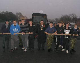 Cllr Gerry Pinner with students at the start of the truck pull