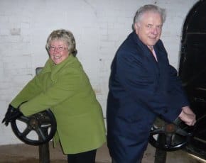 Cllr Val Richards and Cllr David Smith opening the valves on Chasewater reservoir
