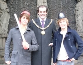 Choral Scholars Matthew Barnaville and Alexander Dance with the Sheriff of Lichfield Simon Price