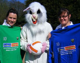 leisureleaguesbunny Gemma Perry and Claire Woodcock from Leisure Leagues with the Easter bunny