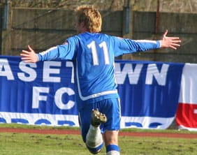 Ben Jevons celebrates his goal against Goole AFC. Pic: Dave Birt