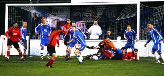 chasetownvmickleover Chasetown defend their goal in numbers against Mickleover Sports. Pic: Dave Birt