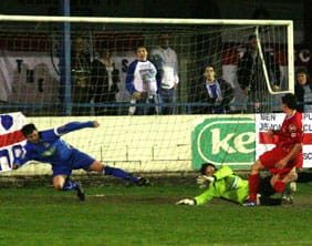 dannysmith Danny Smith scores against Leek Town. Pic: Dave Birt