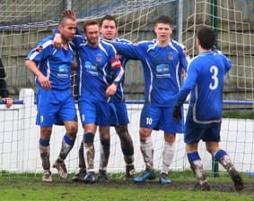 Gary Hay celebrates with his Chasetown team-mates. Pic: Dave Birt