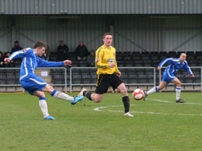grantryanscores Grant Ryan fires home to make it 2-0 against Belper Town. Pic: Dave Birt