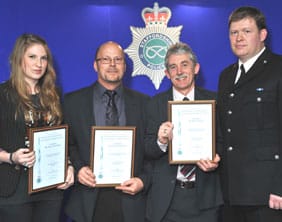 Lichfield-rugby-tackle-heroes Katie and Clive Ferneyhough, neighbour Mr Patrick Powell, Chief Supt Ian Grant
