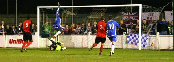 Ramone Stephens makes it 3-2 to Chasetown against Sheffield. Pic: Dave Birt