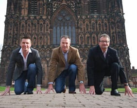 Kevin Wilson (KP Events), Julian Fisher (Townhouse Communications) and Paul Griffin (KP Events) outside Lichfield Cathedral poised and ready to promote the Dash