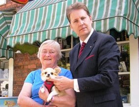Peggy Needham with her dog Lucy and Cllr Matthew Ellis