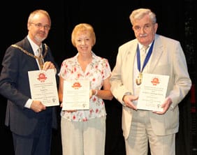 Richard Lewis (Chamber President on behalf of Esporta), Sue Gough (Friary Grange Leisure Centre), Cllr John Wilks (for Lichfield Heritage Centre) with the awards