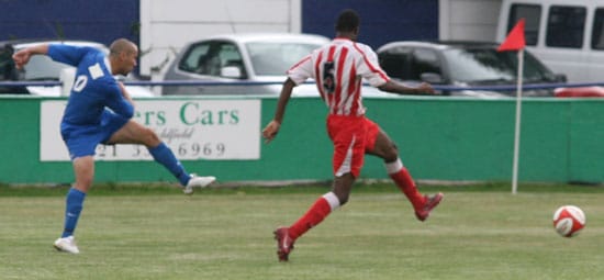 Gary Hay makes it 2-2 against Romulus. Pic: Dave Birt