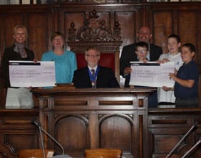 Mandy Rollins, Jean Powell, Cllr Joseph Powell and Tony Dooley with students Sam Caswell, Alex Kerr and Bradley Heath