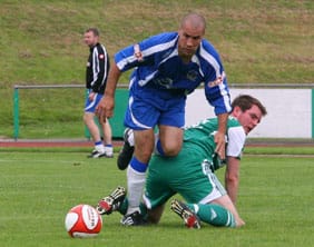 hay-bursts-trough Chasetown FC's Gary Hay beats his marker. Pic: Dave Birt