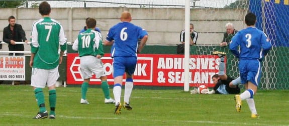 ryan-price-penalty-save Ryan Price dives low to his right to save a penalty in Chasetown FC's game against North Ferriby United. Pic: Dave Birt