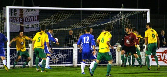 unluckly-dean-perrow-as-his-goal-is-dissallowed Chasetown's Dean Perrow prepares to score, only to see his goal against Marine disallowed. Pic: Dave Birt