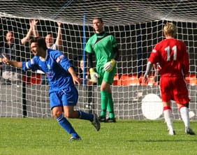 beesley-celebrates Adam Beesley celebrates making it 3-0 to Kidsgrove Athletic against Chasetown. Pic: Dave Birt