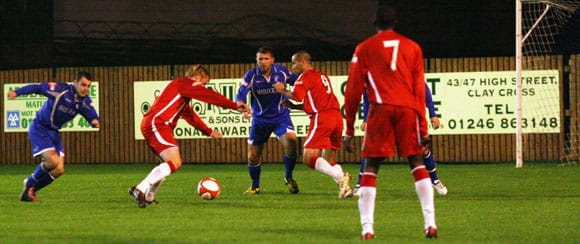 Ben Jevons prepares to unleash an unstoppable shot in Chasetown's win over Matlock Town. Pic: Dave Birt