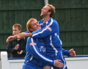 Ben Jevons (left) celebrates with Dave Egan. Pic: Dave Birt