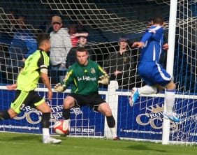 Dean Perrow completes his hat-trick for Chasetown FC. Pic: Dave Birt