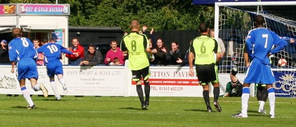 Dean Perrow celebrates after scoring from the penalty spot in Chasetown's 5-0 win against Bradford Park Avenue