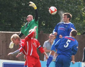 Chasetown's Ryan Price misjudges the corner which saw Sam Hall score the opener for Kidsgrove. Pic: Dave Birt