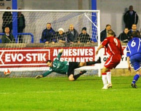 Chasetown's Gary Hay scores against Matlock Town. Pic: Dave Birt