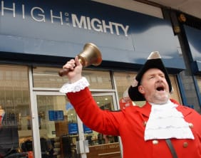 Town crier Ken Knowles outside High and Mighty in Birmingham
