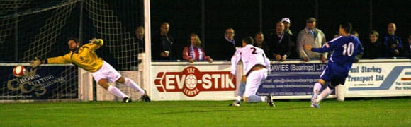 keeper-well-beaten-1-0 Dean Perrow makes it 1-0 to Chasetown against Colwyn Bay. Pic: Dave Birt