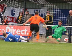 Ben Tomlinson scores for Worksop Town against Chasetown. Pic: Dave Birt
