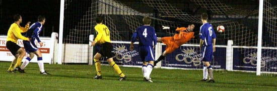 Tom Baggott nets the winner for Heath Hayes against Chasetown. Pic: Dave Birt