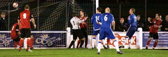 Chasetown take the lead as Ben Jevons heads home against Sheffield FC. Pic: Dave Birt