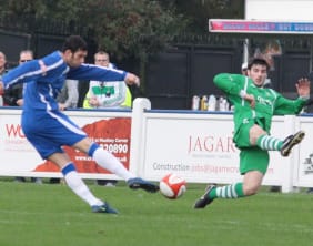 Danny Edwards fires home the opening goal for Chasetown. Pic: Dave Birt