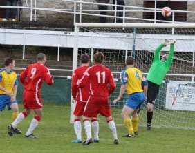 Gary Hay forces the Stocksbridge keeper into a reaction save. Pic: Dave Birt