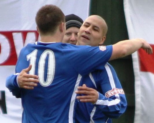 Gary Hay is congratulated by strike partner Grant Ryan. Pic: Dave Birt