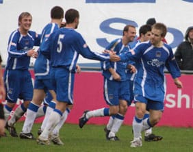 Chasetown players celebrate John Branch's goal. Pic: Dave Birt