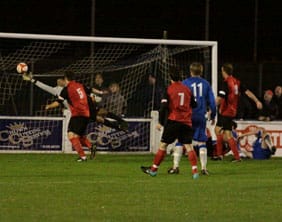 A header by Chasetown skipper Richard Teesdate beats the keeper. Pic: Dave Birt