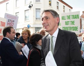 Philip Hammond with HS2 protesters in Lichfield