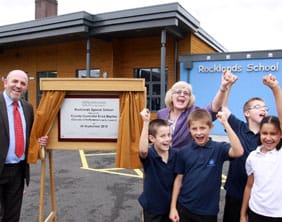 ROCKLANDS-OPENING-10 Headteacher Tony Dooley and Cllr Erica Bayliss with Rocklands pupils