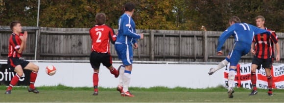 Ben Jevons rifles home an unstoppable shot for Chasetown. Pic: Dave Birt